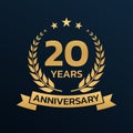 20 years anniversary laurel wreath logo or icon. Jubilee, birthday badge, label or emblem. 20th celebration design element. Royalty Free Stock Photo